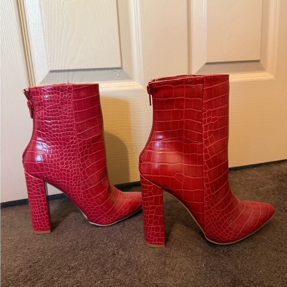 Fashion Nova Red Heeled Boots with Croc Texture